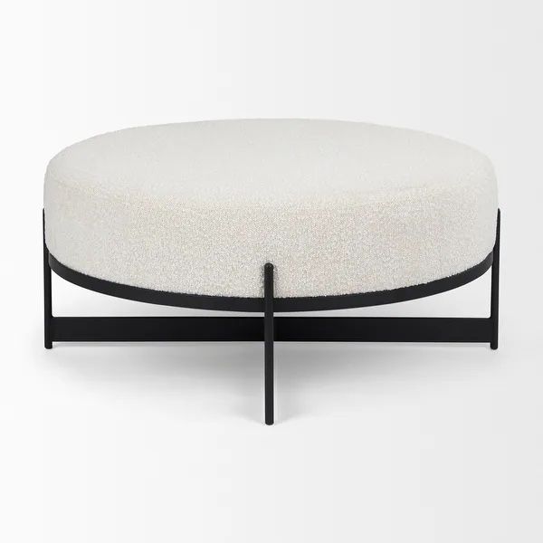 Amelia Cream Boucle Fabric with Black Metal Frame Round 36” Ottoman