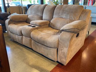 Plush Tan Manual Recliner Sofa w/ Console
