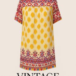 Vintage Boho Printed Dress – Multicolor Floral & Geometric Pattern – Lightweight & Flowy