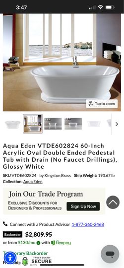 Aqua Eden VTDE602824 60-Inch Acrylic Oval Double Ended Pedestal Tub with Drain Glossy White.
