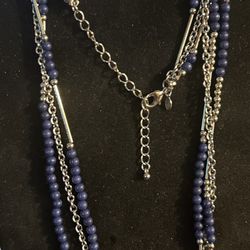 Long silver blue beaded necklace, great shape