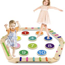 Montessori Wooden Balance Beam Stepping Stones, Sensory Kids Gymnastics Obstacle Course Balance Board Toy Playset, Improve Balance and Coordination Sk