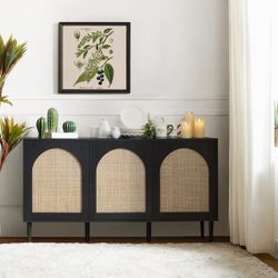 Mercury Contemporary 56 in. Wide Rattan 3-Doors Oak Storage Sideboard with adjustable legs and Shelves-Black