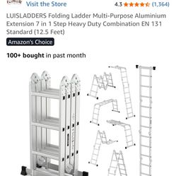 Folding Ladder Multi-Purpose Aluminium Extension 7 in 1 Step Heavy Duty Combination EN 131 Standard (12.5 Feet)