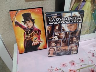 Charlie and the chocolate factory with Timothee chalemete and also Labyrinth with David Bowie and other DVDs $10 takes all 4 Dvds total