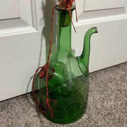Vintage Hand Blown Italian Green Glass Wine Decanter Carafe With Ice Chamber Chiller And Stoppers