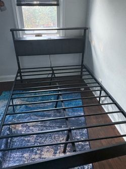 Metal Bed Frame with Headboard Shelf