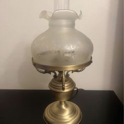 17” Vintage Brass Table Lamp w/ Design Glass Shade