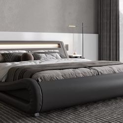 Queen Size Bed Frame / Faux Leather / Dark Grey Color 
