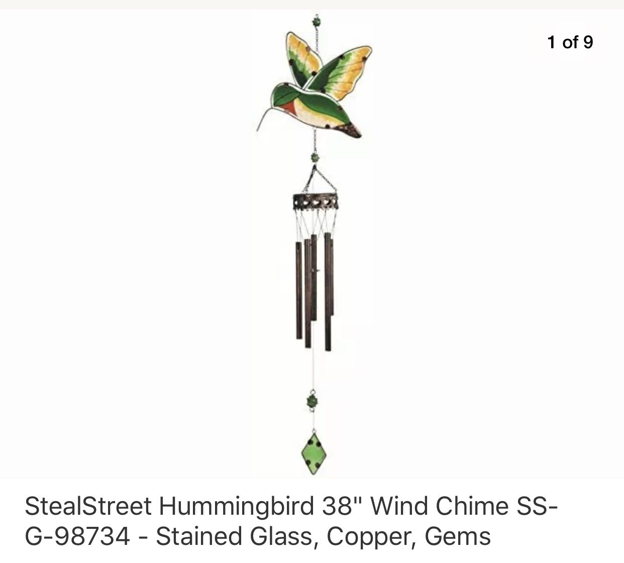 StealStreet Hummingbird 38" Wind Chime SS-G-98734 - Stained Glass, Copper, Gems