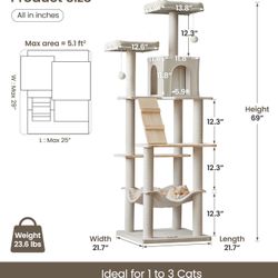 🥨MWPO Large Modern Cat Tree, 70.1-Inch Wood Cat Tower for Indoor Cats, Multi-Level Tall Cat Condo with 2 Padded Perches, Hammock, Scratching Posts, D