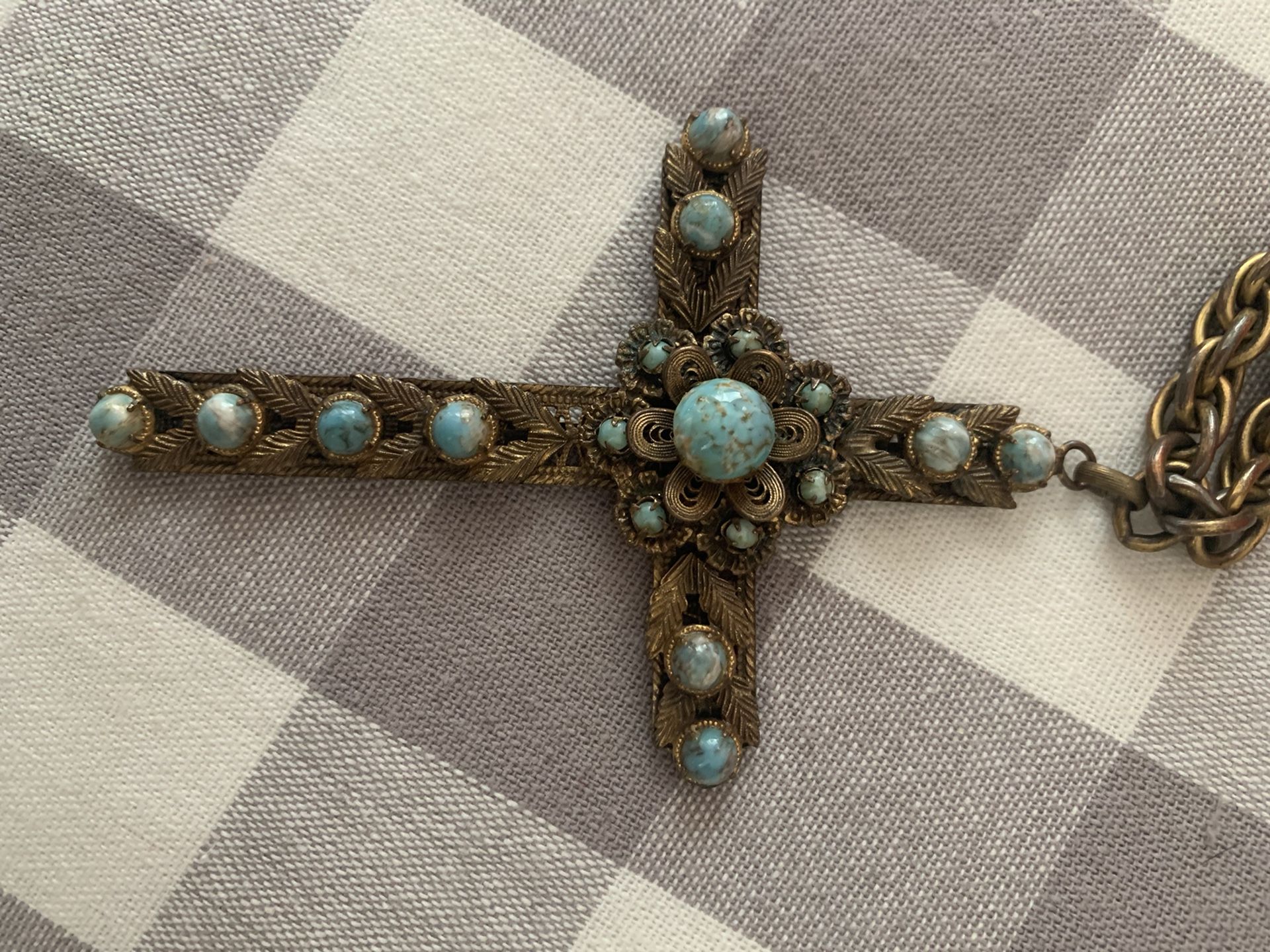 Vintage Gold Turquoise Cross Necklace
