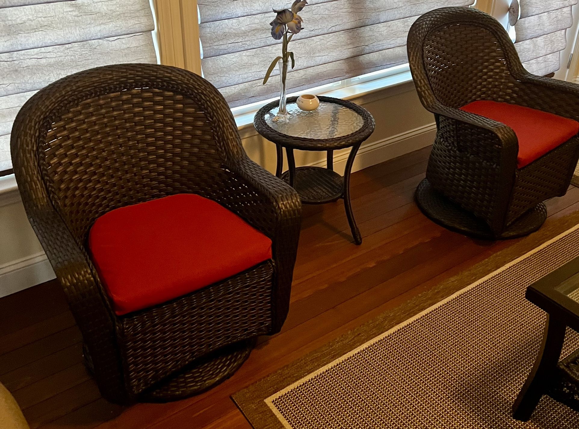 3 Piece Wicker, Rocking, And Swivel Chairs With Table