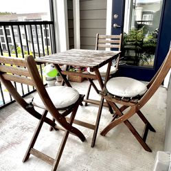 Wooden Foldable Patio Table With 3 Foldable Wooden Chairs + Chair Cushions