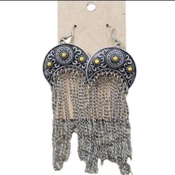 Silver Toned Tassel Link Earrings Yellow Accents