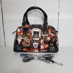 Le Miel Western Photo Collage Vegan Leather Embellished Satchel Handbag