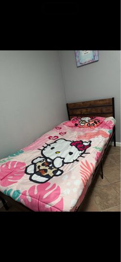 Twin Metal Bed Frame with Wood Headboard