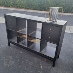 Black/Dark Brown & Gold Ikea Kallax 8 Cube Cubbie Bookcase Tv Media Stand Dresser Console Table W/ 2 Double Drawer Inserts