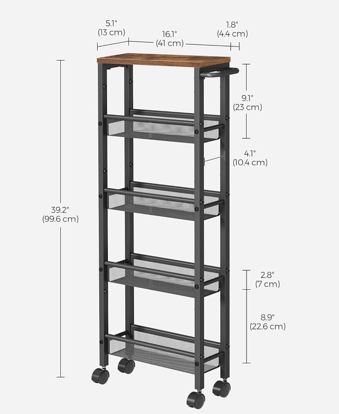 VASAGLE 5-Shelf Trolley Space-Saving Kitchen Cart with Castors