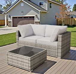 3 Pieces Wicker Outdoor Patio Conversation Corner Sofa Set with Gray Cushions and Coffee Table