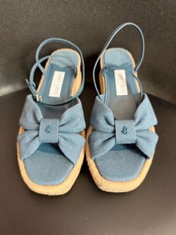 NWOB Jimmy Choo Aella Espadrille Wedge Sandals Blue Denim Bow JC Accent 40