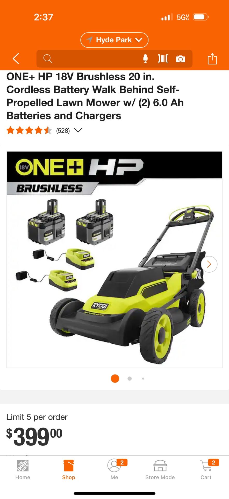 ONE+ HP 18V Brushless 20 in. Cordless Battery Walk Behind Self-Propelled Lawn Mower w/ (2) 6.0 Ah Batteries and Chargers
