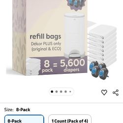 Nolia Refills for Dekor Plus Diaper Pail – 8 Pack Holds 5,600 Diapers – Fresh Powder Scent Bags – Leak & Tear Resistant – Includes 4 Bonus Scented Fre