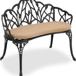 Outdoor Patio Bench, Garden Benches with Cushion All-Weather Cast Aluminum Extra Loveseat for Lawn Front Porch Path Yard Decor Deck Furniture Black