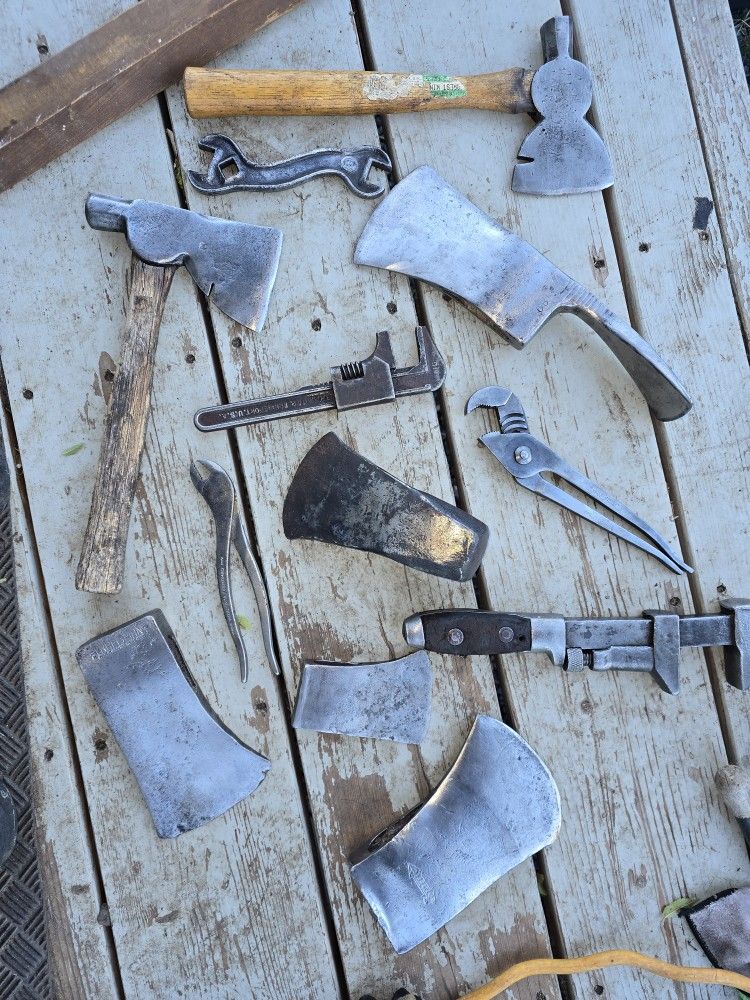 Several Antique Axe Heads, Mals, Tools.smoker,radial Arm Saw, Dog House