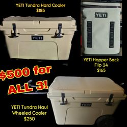 YETI Tundra Hard Cooler 45,  YETI Hopper Back Flip 24 ,  YETI  Tundra Haul Wheel Cooler 