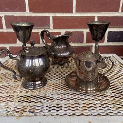 Vintage silver creamer, sugar, cups