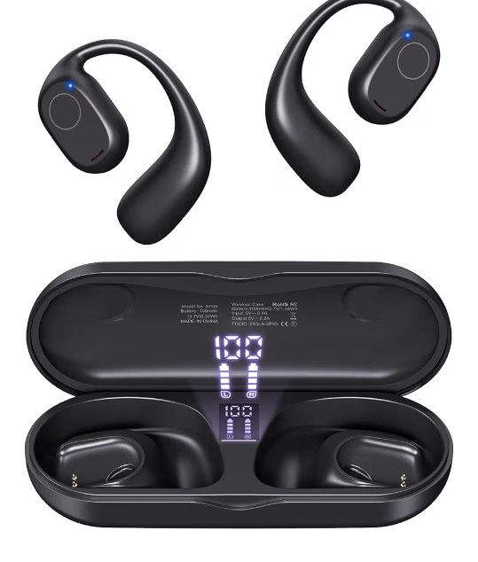 PSIER Open Ear Headphones, Bluetooth 5.3 Wireless Sports Headphones with Digital Display Charging Case 40 Hours Playtime True Earbuds with Earhooks fo