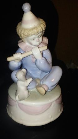 Vintage meico porcelain clown playing flute with dog music box