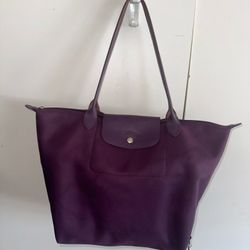 Longchamp le Pliage Dark Red Medium Tote Bag Nylon Leather. W18”XH12”