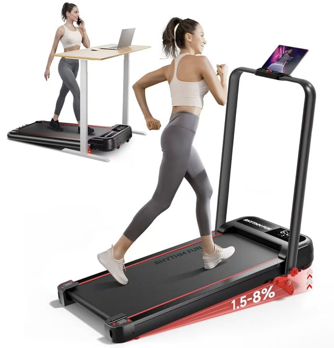 ✌️ RHYTHM FUN Incline Foldable Treadmill, Walking Pad Treadmill with Incline, 300 lbs Portable Treadmills with Handles for Home Office Use, Under Desk