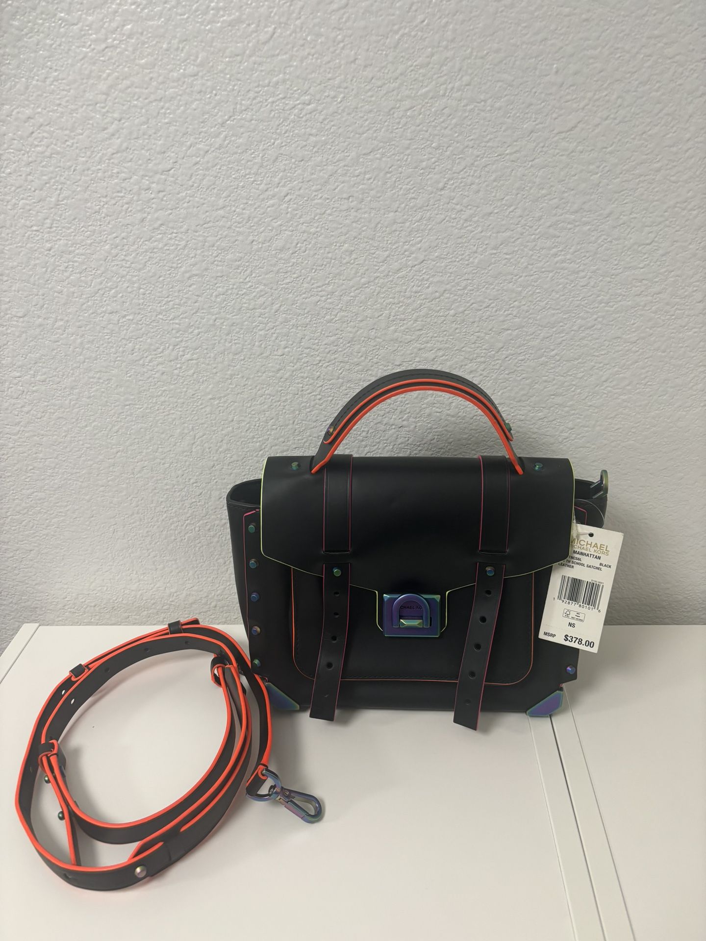 Michael Kors Manhattan Black Oil Slick Neon Medium Satchel Bag "New with tags".