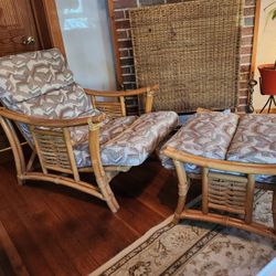 Circa 1950s Rattan Pagoda Lounge Chair and Ottoman