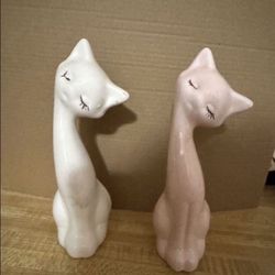 Antique Pair Porcelain Tilted Head UCGC Taiwan White Pink Kitty Cat Figurines Vintage 1980s