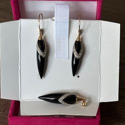 10k Gold Onyx And Diamond Earrings With Matching Necklace Pendant 