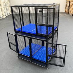 (NEW) $370 (Set of 2) Stackable Dog Cage 41x31x65” Heavy Duty Kennel w/ Plastic Tray