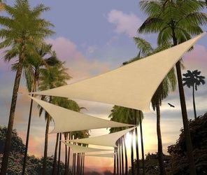 NEW 14' x 14' x 14' Beige Triangle Sun Shade Sail UPF50 Canopy Awning 95% UV Blockage Water & Air Permeable 200GSM Heavy Duty Commercial and Residenti