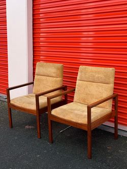 Pair of Mid Century Modern Solid Walnut High Back Armchairs - Gold Velour