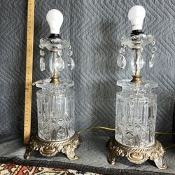 Fabulous Pair Vintage Brass & Crystal Hollywood Regency Lamps