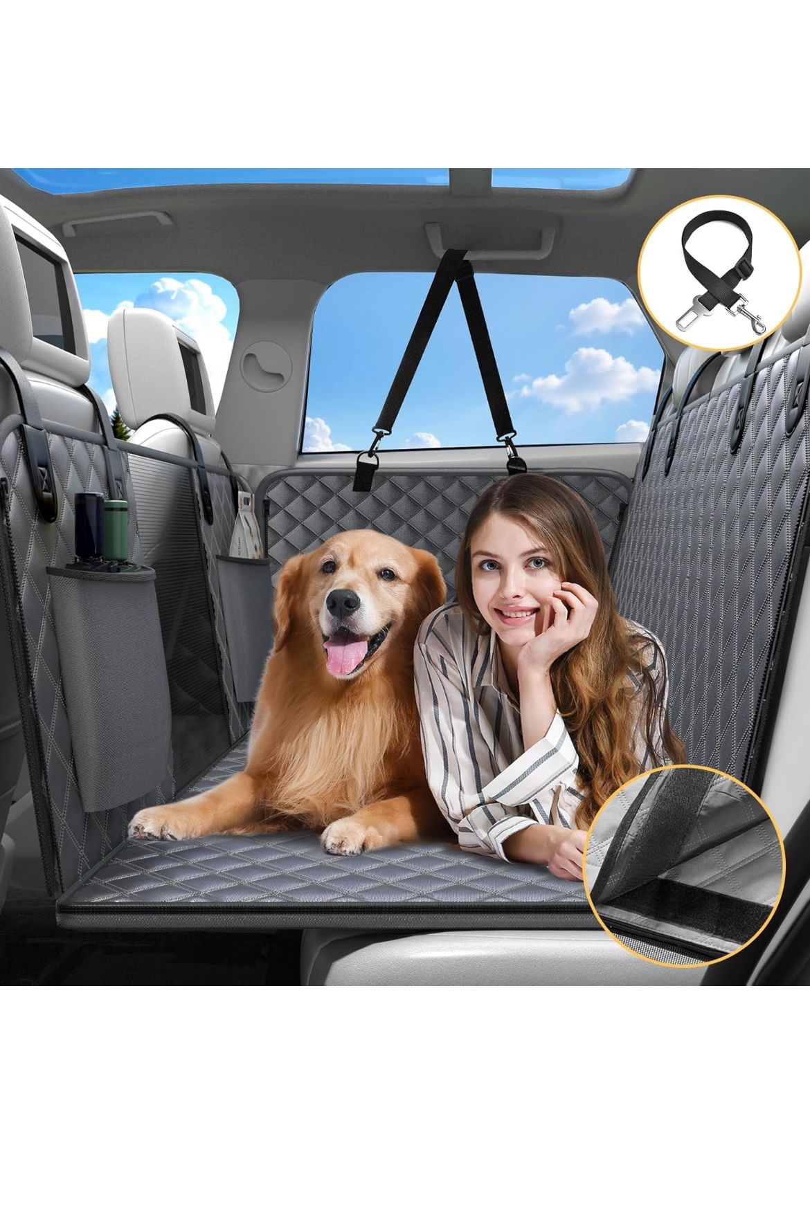 Dog Car Seat Cover, Expanded Room, Hard Bottom, Removable and Washable, 400 lbs Capacity, Mesh Windows, Storage Pocket, Comes with Dog Seat Harness, F