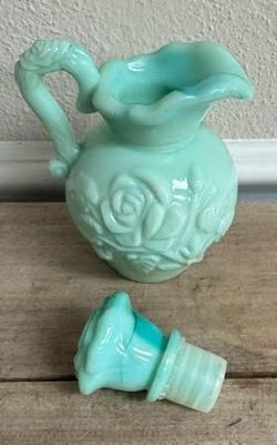 Vintage Avon Turquoise Blue Green Glass Pitcher Bottle w Lid 1970’s just $7