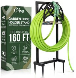 Garden Hose Holder Stand, Freestanding Water Hose Holders for Outside, 4-Spike Base, Heavy Duty Rustproof Metal, Holds upto 160 ft, Water Hose Storage