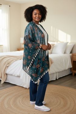 Green Sheer Shawl with Floral Pattern