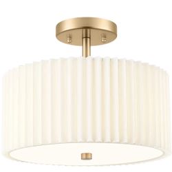 Gold Semi Flush Mount Ceiling Light, 3-Light 12.5" Ceiling Light Fixture with White Pleated Fabric Shade, Drum Lamp for Nursery Hallway Bedroom Kitche