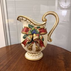 Fitz and Floyd Christmas Deer Pitcher Bow Holly Bell Tassels Holiday Traditional