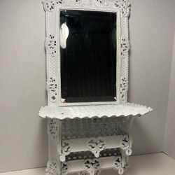 Antique French Provoncial Cast Iron Wall Shelf Beveled Glass Shaving Mirror 23"